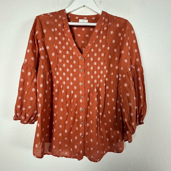 J. Jill Womens Rust Orange Floral 3/4 Sleeve Button-Front Peasant Top Blouse XL - Picture 1 of 9